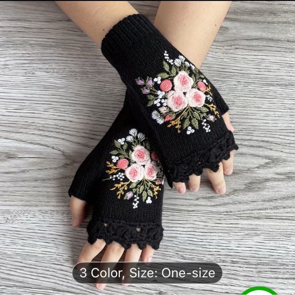 Black Mittens Fingerless Gloves with Pink Floral Design - Picture 2 of 8